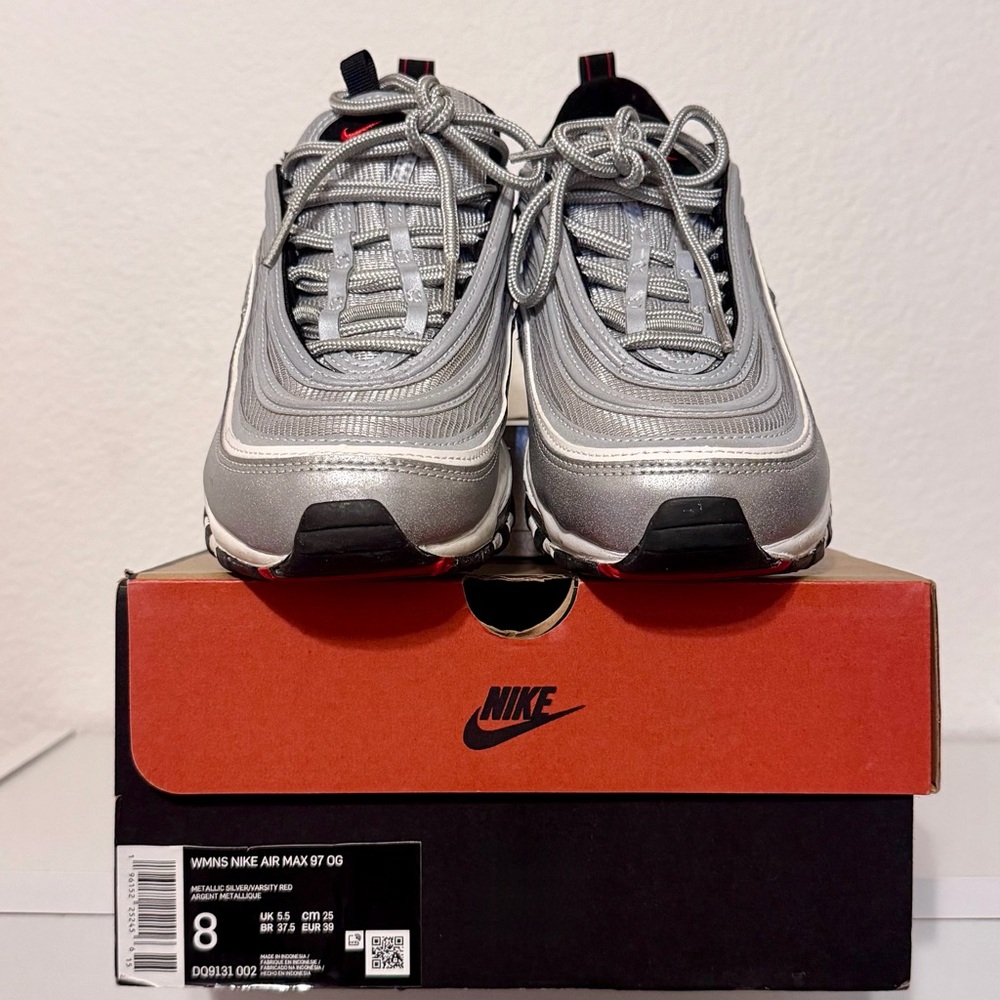 Nike Women’s Air Max 97 OG “Silver Bullet” Metallic Silver/Varsity Red | Size 8 - Picture 6 of 16